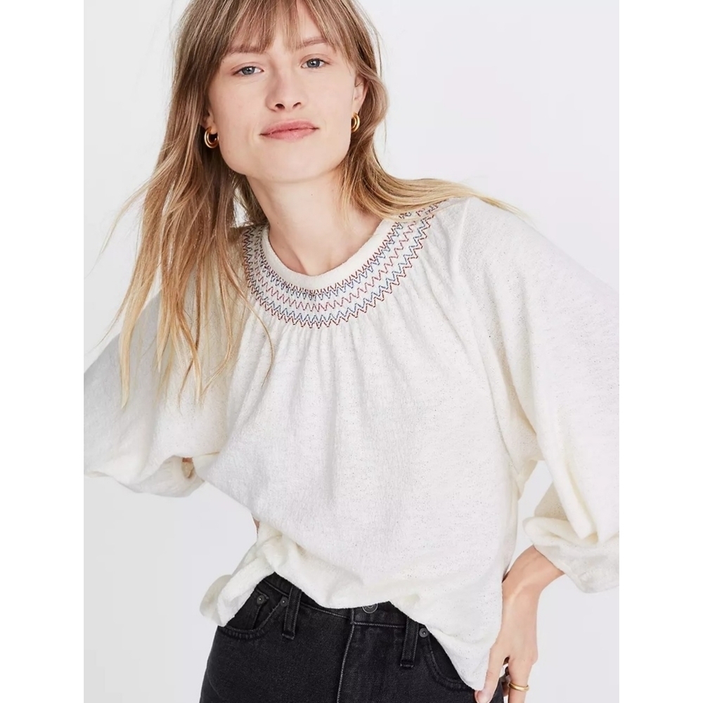 Madewell Super Light Jacquard Embroidered Smocked top Cream Size XS